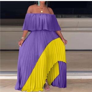Elegant Purple and Yellow Pleated Dress